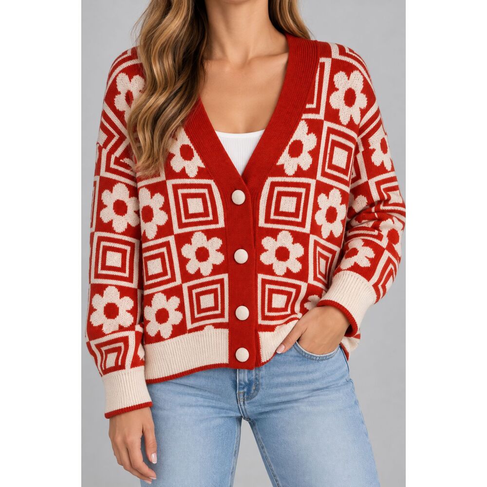 Zara Womens M Red Floral Geometric Cardigan Retro 70s Mod Statement Knit Sweater